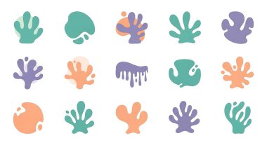 soyut simgelerden oluşan vektör seti, deniz canlılarının, deniz bitkilerinin, denizin ve diğer elementlerin el çizimleri. izole düz biçim.