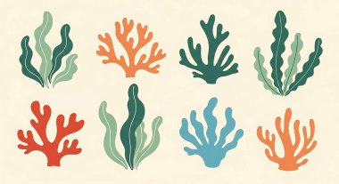 Bir dizi elle boyanmış suluboya deniz yaşamı elementleri