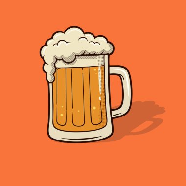 Altın bira dolu renkli bir bira bardağının renkli bir karikatür çizimi ve üzerine bol miktarda kremalı köpük, koyu turuncu arka planda ince bir gölgeyle kurulmuş.