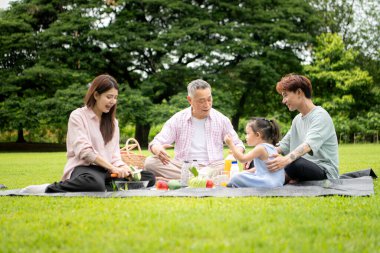 Mutlu Asyalı nesiller parkta pikniğin tadını çıkararak neşeli bir açık hava yaşam tarzı yaratıyor.
