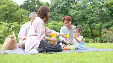 Mutlu Asyalı nesiller parkta pikniğin tadını çıkararak neşeli bir açık hava yaşam tarzı yaratıyor.