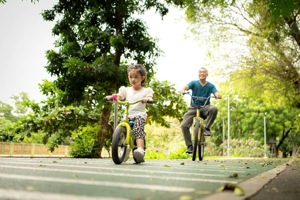 Büyükbaba ve küçük kız tatillerde parkta dengeli bisiklete binecekler.