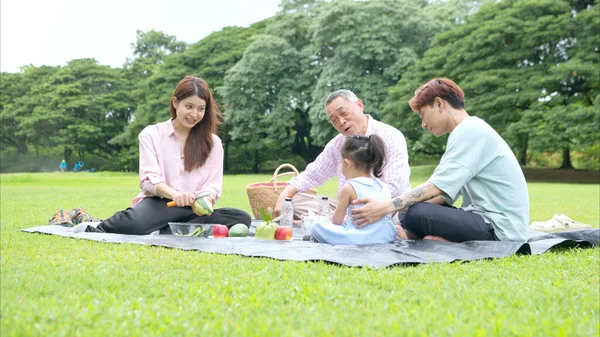 Mutlu Asyalı nesiller parkta pikniğin tadını çıkararak neşeli bir açık hava yaşam tarzı yaratıyor.