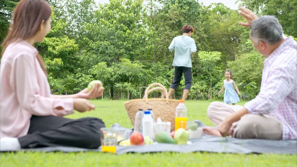 Mutlu Asyalı nesiller parkta pikniğin tadını çıkararak neşeli bir açık hava yaşam tarzı yaratıyor.
