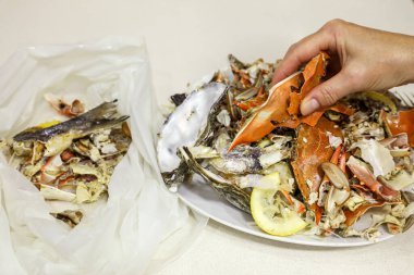 Yengeçten arta kalanları organik artıklar ve deniz ürünleri yığını üzerine kaldırır. Bu bileşim, dikkatli tüketime ve gıda atıklarını ayırmaya dikkat çekiyor..