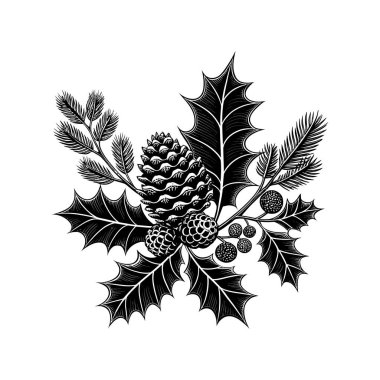 Çobanpüskülü ve kozalaklı logo vektör çizgisi sanat logosu tasarımıyla donatılmış.