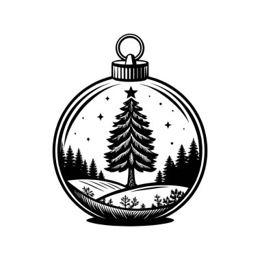 Siluet logosu içinde ağaç bulunan noel süsü sanat logosu tasarımı.