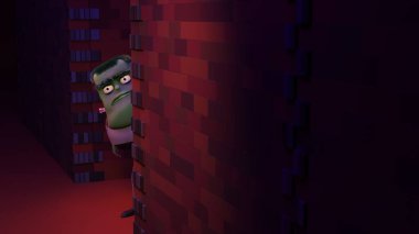 Frankenstein canavarı bir tuğla duvarın arkasından dikizleyip arka plan ve zemin eğiminin üzerinde fotokopi alanı olan kameraya bakıyor.