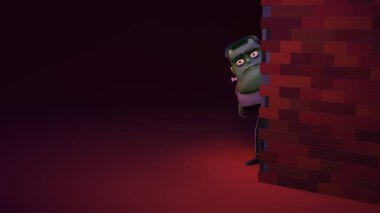 Frankenstein canavarı bir tuğla duvarın arkasından dikizleyip arka plan ve zemin eğiminin üzerinde fotokopi alanı olan kameraya bakıyor.