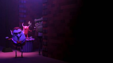 Vampir Frankenstein canavarının önünde duruyor ve küçük boynuzlu bir yaratık karanlık bir sokakta sokak lambasının altında tuğla bir duvarın ve metal bir çöp tenekesinin yanında.