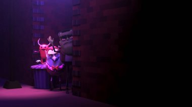 Frankenstein canavarı bir vampirin ve küçük boynuzlu bir yaratığın yanında duruyor. Tuğla bir duvarın arkasında, sokak lambasının altında.