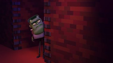 Frankenstein canavarı bir tuğla duvarın arkasından dikizleyip arka plan ve zemin eğiminin üzerinde fotokopi alanı olan kameraya bakıyor.