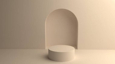 Temiz ürün sunumu için minimum çevrede tasarlanmış kemerli duvar boşluğu içinde pürüzsüz yuvarlak bir podyum içeren nötr bir iç mekan..