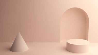 Temiz ürün sunumu için tasarlanmış kemerli duvar oyuğu yakınındaki yuvarlak bir podyumun yanında koni şeklindeki nötr bir iç mekan..