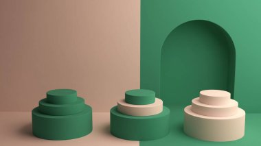 Modern ürün sunumu için yeşil kemerli duvar oyuğu yakınında düzenlenmiş üç çok katlı yuvarlak podyum setinin yer aldığı bölünmüş tonlu iç mekan..