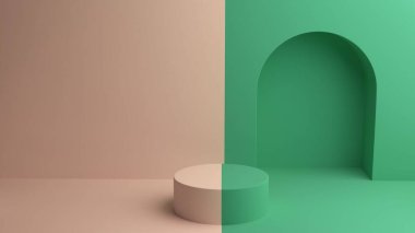 Temiz modern ürün sunumu için tasarlanmış yeşil kemerli duvar oyuğunun yanına yerleştirilmiş iki renkli yuvarlak bir podyumun yer aldığı bölünmüş tonlu iç mekan..