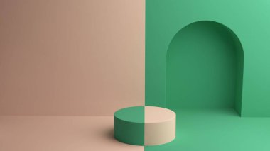 Temiz modern ürün sunumu için tasarlanmış yeşil kemerli duvar oyuğunun yanında çift renkli yuvarlak bir podyumun yer aldığı bölünmüş renkli iç mekan..