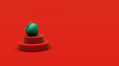 Mat yeşil çilek heykeli iki seviyeli kırmızı bir kaide üzerine yerleştirilmiş pürüzsüz minimum kırmızı arkaplan cesur bir renk kontrastı oluşturur.