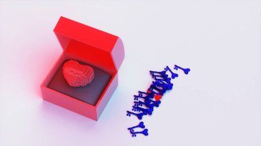 Kırmızı sesli kalp, parlak kırmızı açık bir kutunun içine yerleştirilmiş, bir yastığın üzerinde dinleniyor, yumuşak ışık altında yumuşak bir yüzey üzerinde kalp şeklinde sapları olan çoklu mavi metalik tuşlarla çevrili..