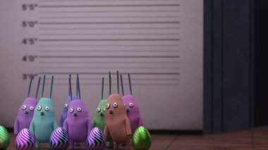 Tahta zeminde 3 boyutlu tavşan karakterleri ve çizgili Paskalya yumurtaları çizimi, sağ tarafında metin için büyük boş alan bulunan bir sıra boy çizelgesi duvarına karşı kurulmuş..