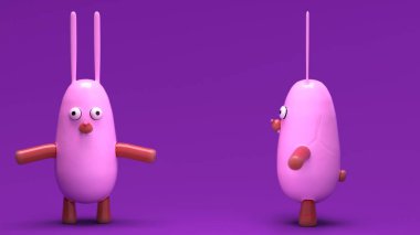 Solda tavşan karakteri, sağda yan görünümde tavşan karakteri, stüdyoda ışıklandırma, arka planda renk moru, metinler arasında boşluk.