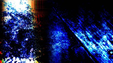 Huysuz, karanlık, soyut bir arka plan. Yoğun mavi ve çarpıcı beyaz alanların egemenliği altında. Ağır grunge, çizik dokuları ve keskin, yüksek kontrastlı bir görünüm için dijital arıza..