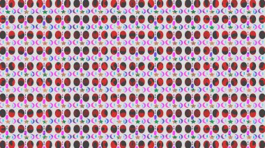 Pembe, kırmızı, mavi ve siyah renkli parlak bir karışımda yer alan ay ve yıldızlar gibi elips ve göksel şekilleri içeren yoğun ve ritmik bir soyut desen..