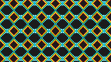 Bu görüntü, birbirine kenetlenmiş, kare şekilli, neon renkli, sarı, turuncu ve kırmızı çizgilerden oluşan modern, geometrik bir desen içerir. Kareler sert, simetrik bir şebeke ile düzenlenmiş, Vis gibi desenli, dama tahtası oluşturuluyor
