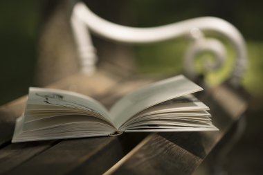 Defter bir kalem ahşap bir banka ile.