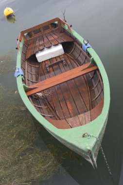 Eski ahşap tekne kıyıya yakın göl kenarında mavi.