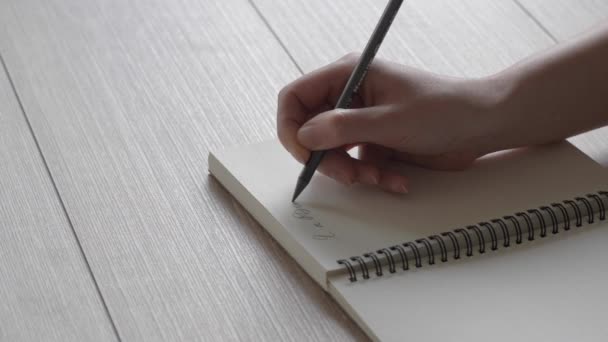 Vrouwelijke hand schrijft een notitie in een notitieblok. Een brief aan een vriend. Poëzie in het gereflecteerde licht. Langzaam schrijven. — Stockvideo