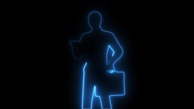 Parlak neon çizgili, yüzü olmayan manken işadamı. Elinde evrak çantası ve tablet var.