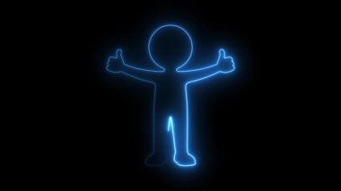 Neon hattı mutlu adam karakteri çevre dostu ev simgesinin yanında el sallıyor.