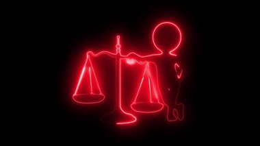 Parlayan neon çizgisi insan karakteri, iş dünyasındaki adalet ve hukuki kararları sembolize eden antika denge ölçeğine dayanır.