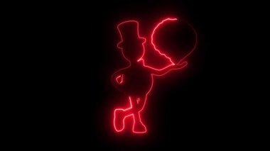 Siyah bir zemin üzerinde balon tutan çizgi film karakterinin canlı neon silueti kaprisli ve eğlenceli bir tasarım yaratıyor.