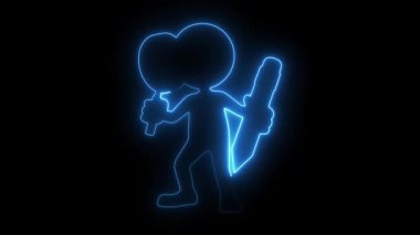 Parlak çizgi film karakteri, elinde bir mikrofon ve neon bir ana hatla karanlık bir arkaplan çizimine karşı bir kalem tutuyor. 