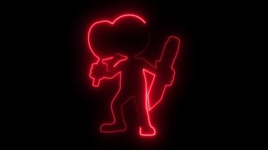 Parlak çizgi film karakteri, elinde bir mikrofon ve neon bir ana hatla karanlık bir arkaplan çizimine karşı bir kalem tutuyor. 