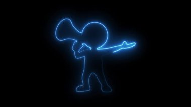 Parlayan neon figürlü, megafonlu, modern fütürist estetiğe sahip karanlık bir arkaplan karşısında dijital tarzda haber sunan biri.