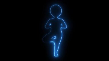 Ağaçtaki bir insanın parlak neon silueti, dijital sanattaki denge ve farkındalığı taşıyan siyah bir arkaplana karşı poz veriyor