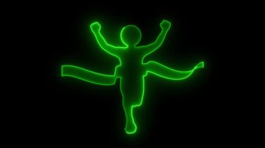 Bitiş çizgisini geçen bir koşucunun parlak silueti zaferle yükselen kollarıyla başarıyı simgeleyen karanlık bir arka plana karşı.