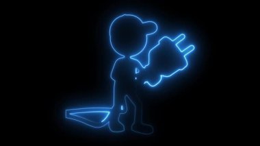 Neon elektrikçisi, enerji çözümleri için karanlık bir arkaplan ile fişi fütüristik bir dijital tarzda gücü birbirine bağlamaya hazır tutuyor.