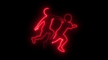 Neon illüstrasyonunda iki çocuk birlikte koşuyor. Karanlık bir arkaplana karşı. Bir hareket ve enerji hissi yaratıyor.