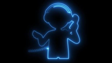 Neon silueti, kulaklık takan ve mikrofonu arka planda tutan bir kişinin modern bir teknoloji atmosferi yaratması.