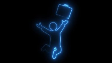 Neon silueti, kariyer başarısını simgeleyen siyah bir arkaplana karşı bir evrak çantası tutarken sevinçten zıplayan bir insanın silüeti.