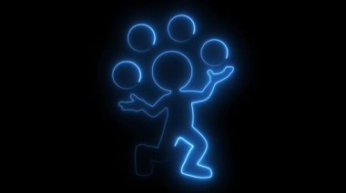 Neon çubuk figürü, karanlık bir arka planda parlayan topları hokkabazlık yaparak eğlence için eğlenceli ve dinamik bir görsel efekt yaratır. 