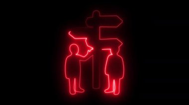 Işıldayan bir işaret direğinin yanında duran iki kişi, gece karanlığında farklı yönleri gösteren birden fazla oklarla. 