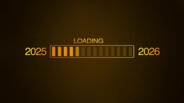 Yeni yıl 2025 'ten 2026' ya yükleme konsepti. 2025 'ten 2026' ya kadar yeni yıl transfer animasyonu yükleniyor. Yeni yıl bar animasyonu yüklemesi. Yıl değiştirme Süreci