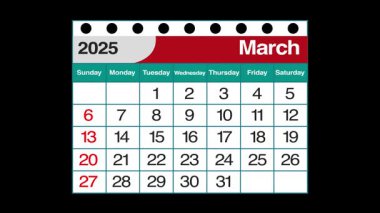 Ocak 'tan Aralık' a kadar 2025 yılbaşı takvimi. Yeşil ekran arkaplanındaki takvim sayfa değişikliğini kapat