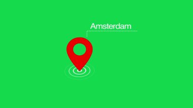 Amsterdam GPS Harita Pin Konum Animasyonu Saydam arkaplanda Dijital Navigasyon İşaretçisi. Amsterdam harita etiketi ve lokasyon sembolü. Amsterdam şehir haritası hedef konum kavramına sahip