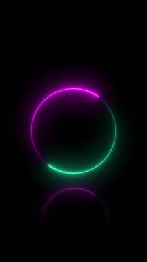 Parlayan neon dairesi, siyah arkaplan üzerindeki yansıma ile retro stili animasyon yüklüyor. Parlayan neon daire animasyon konsepti
